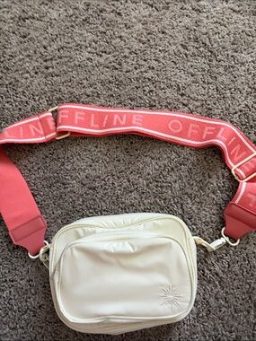 Cream Crossbody Camera Bag with Coral Strap by